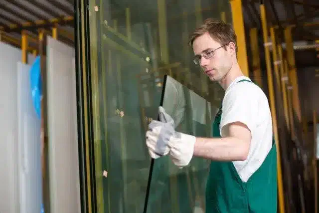 A man wearing green overalls is diligently cleaning a glass surface ensuring it is clear and spotless
