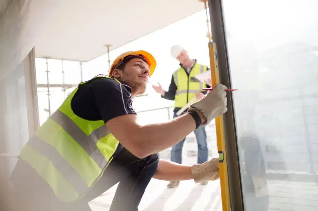 A man wearing a safety vest and hard hat is installing a glass window on a building