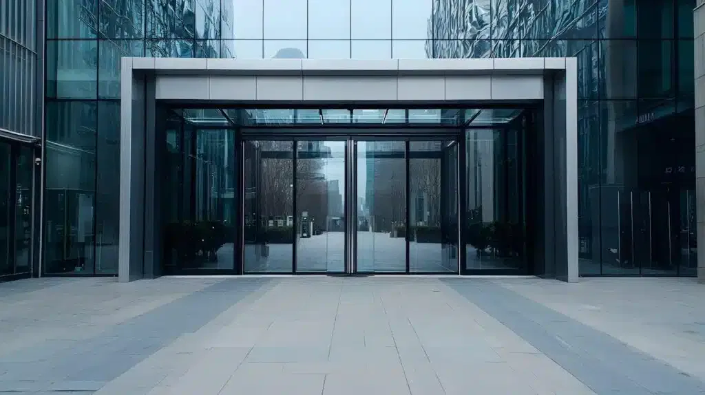 A large glass door leading into a modern building with a sleek design