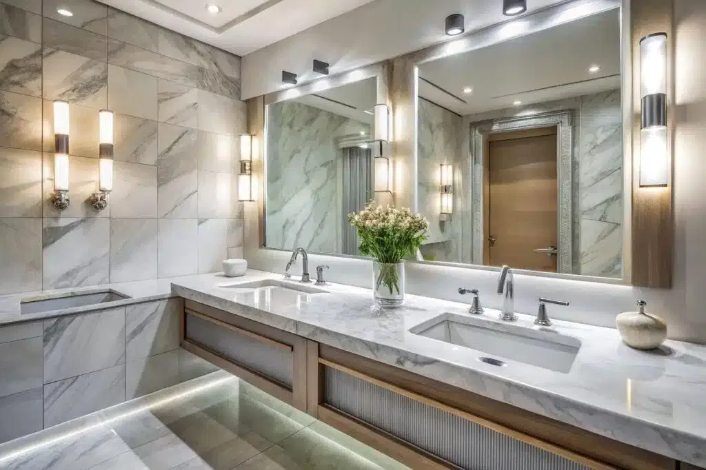 A luxurious bathroom with elegant marble countertops and dual sinks