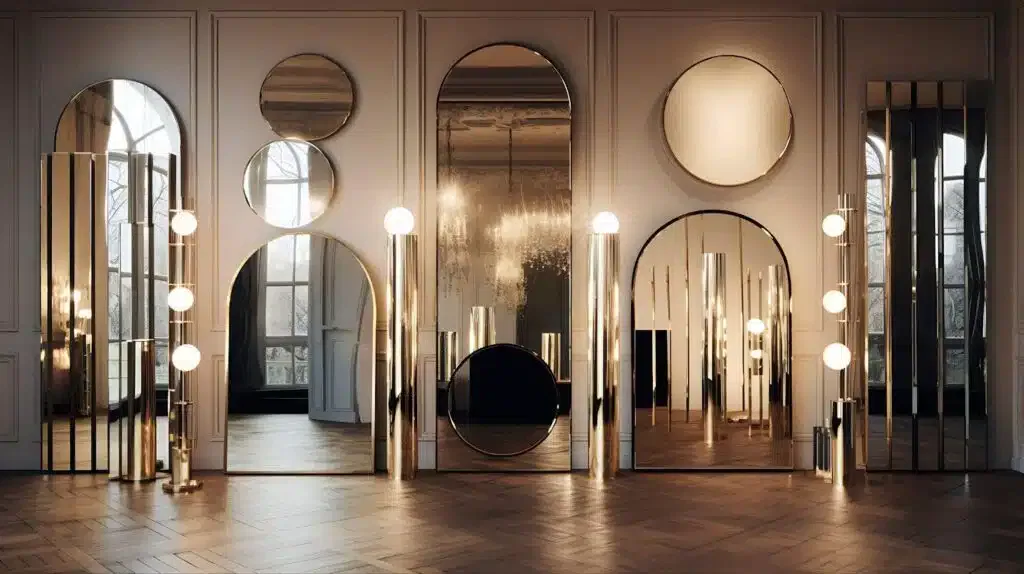 An elegantly designed room with various mirrors, highlighted by a large central mirror