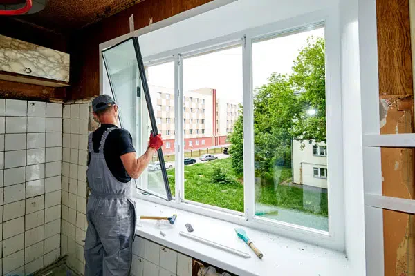 A man standing in front of a window with a window screen, looking outside.