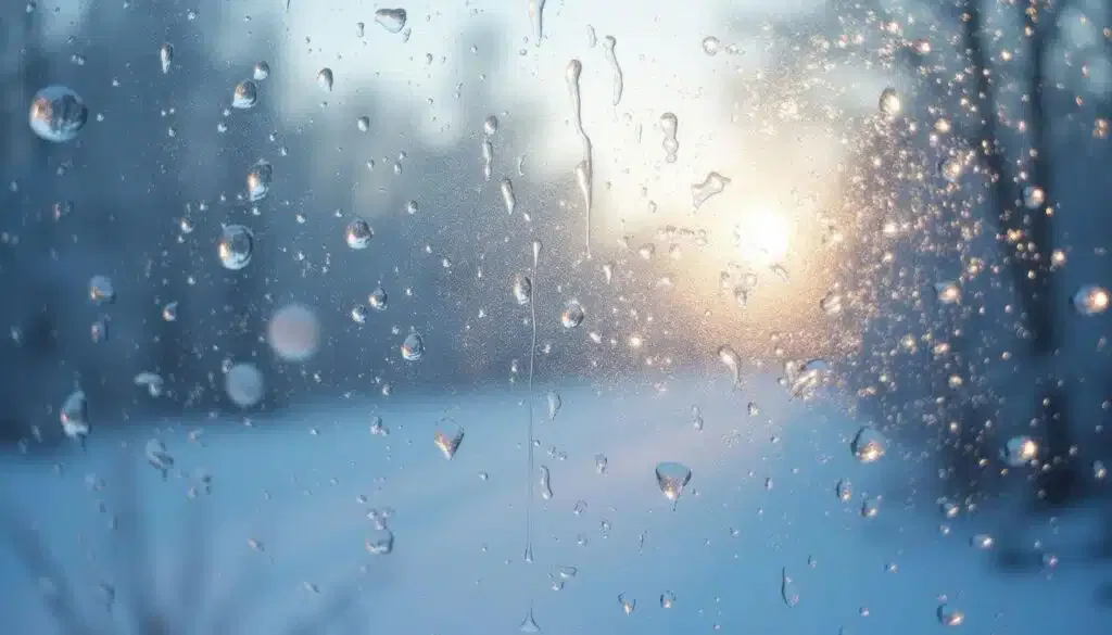 A close-up of a window covered in snow, with delicate raindrops enhancing the wintery scene