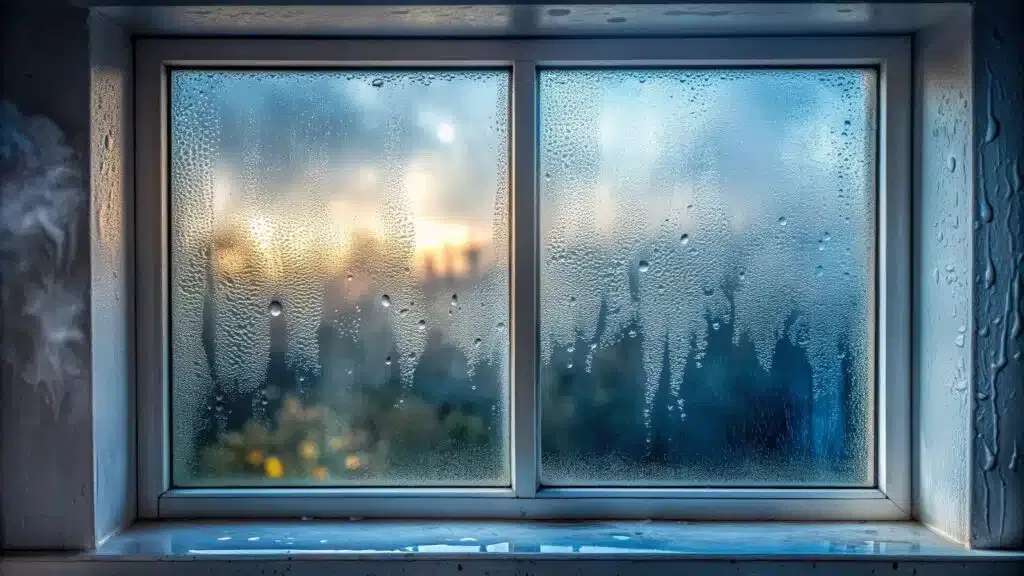 A window displaying a cascade of raindrops, evoking a serene atmosphere on a gloomy day