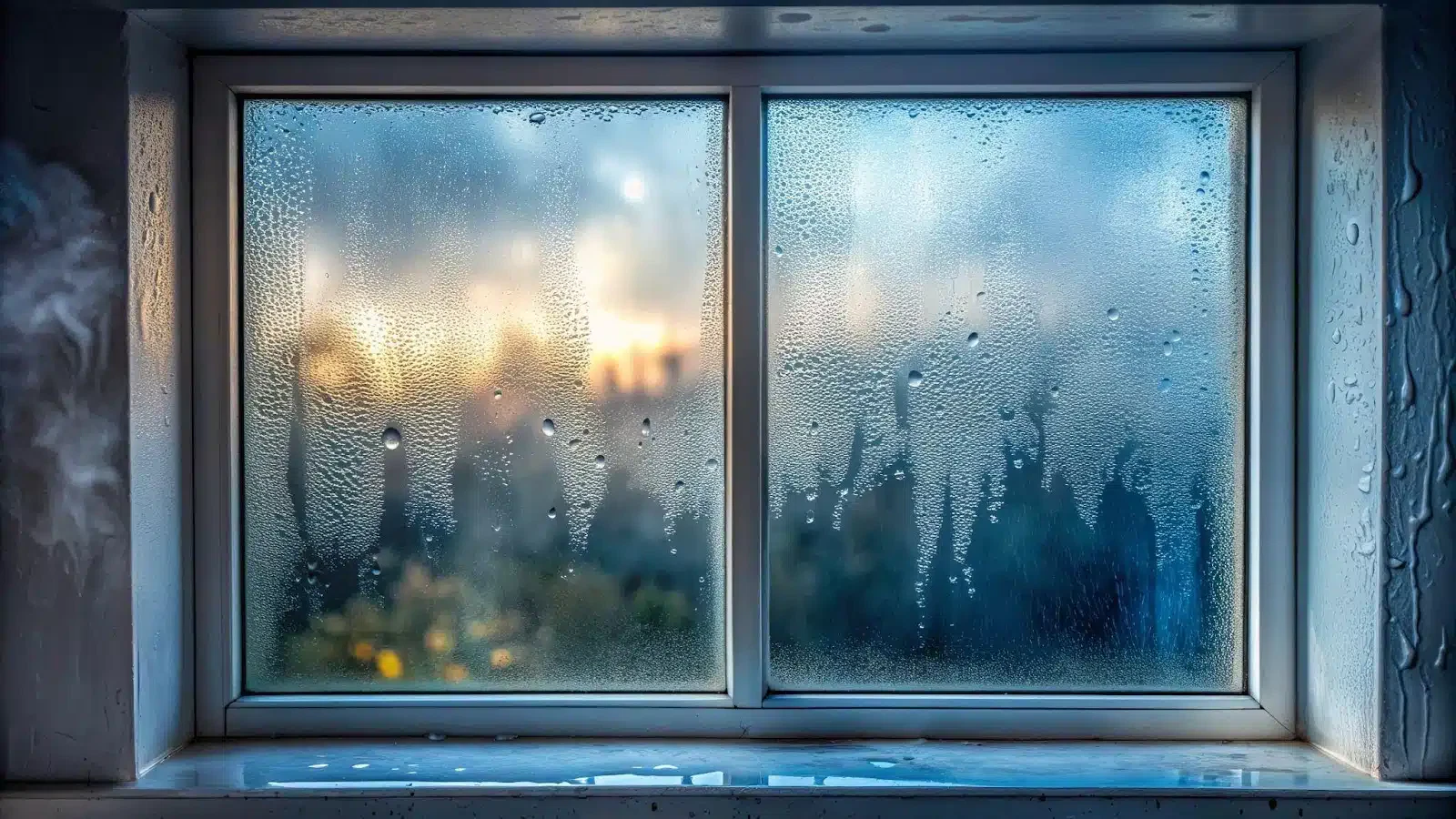A window displaying a cascade of raindrops, evoking a serene atmosphere on a gloomy day