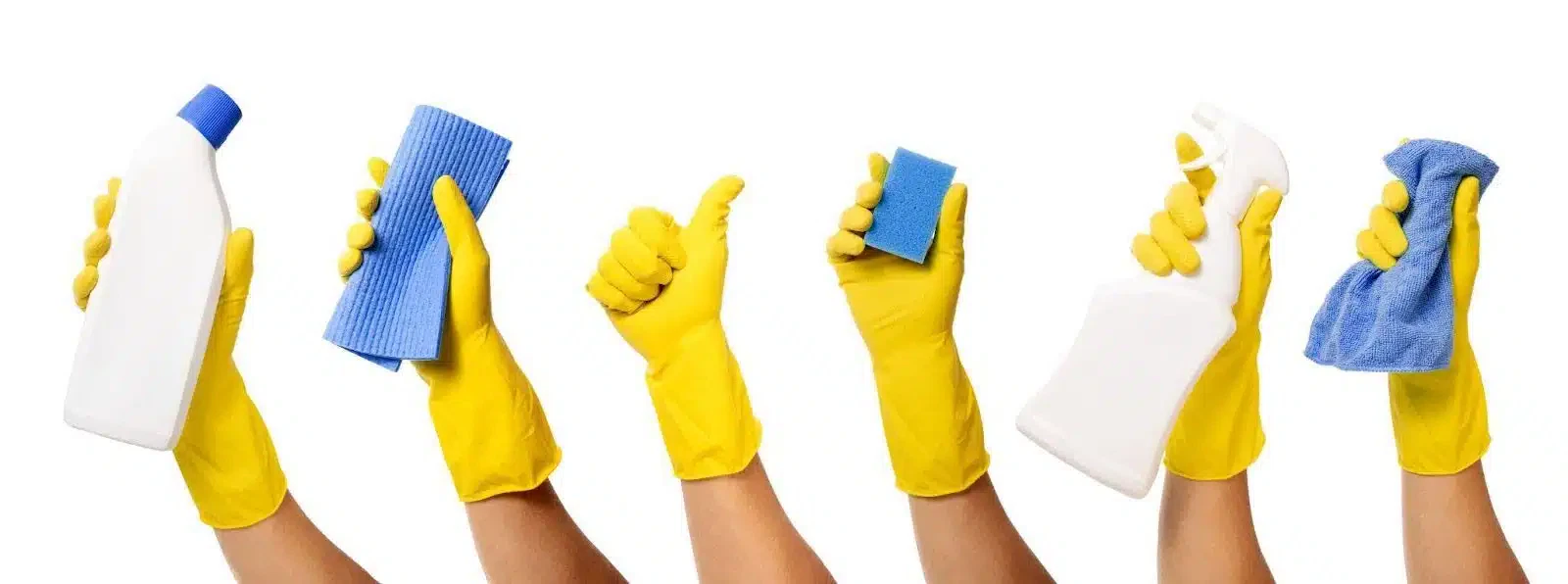 A collection of diverse hands holding various cleaning supplies including spray bottles and cloths