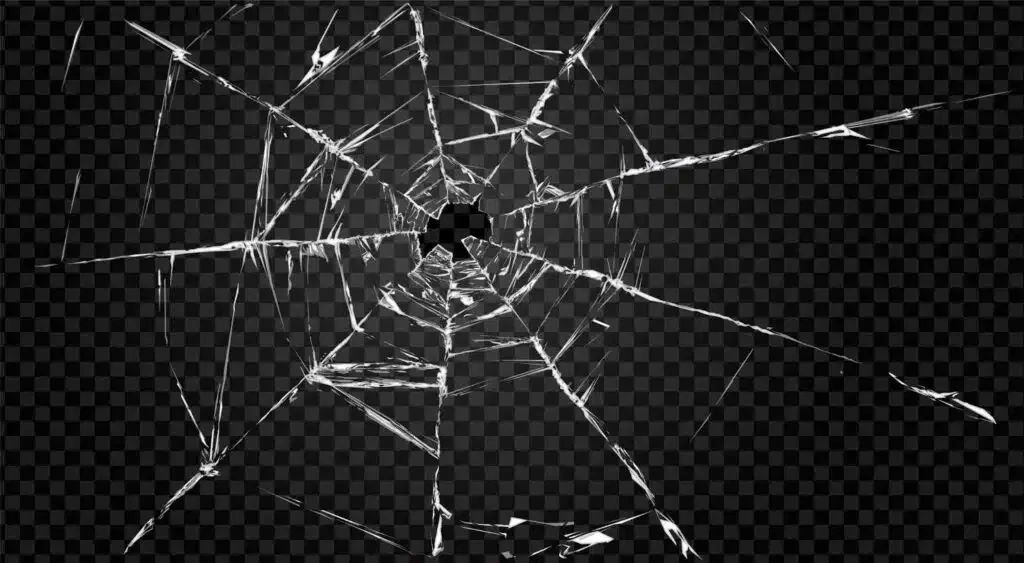 A fragment of broken glass on a transparent background highlighting irregular shapes