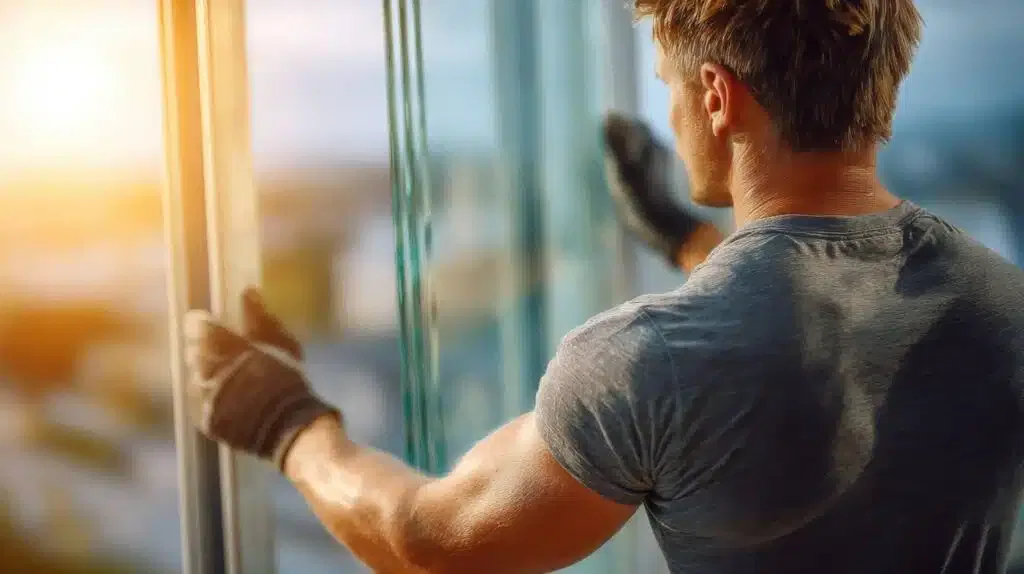 A man gazes out a window observing the bustling cityscape below