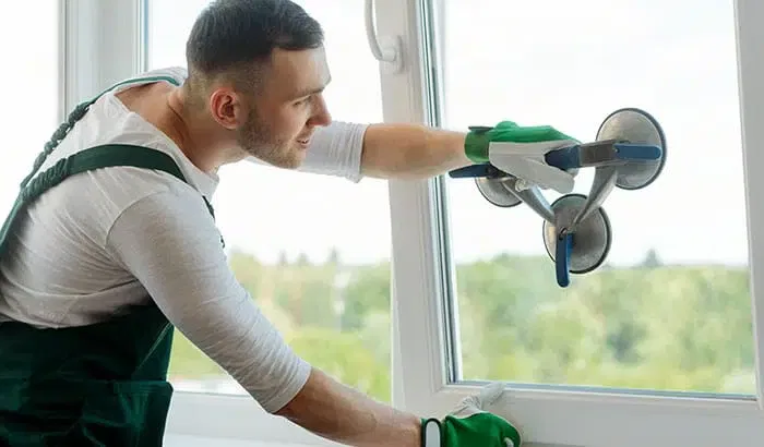 A man in overalls and gloves is diligently cleaning a window using a cloth to remove dirt and smudges