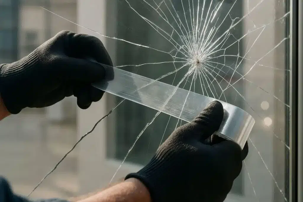 A person wearing gloves holds a piece of glass showcasing careful handling of a fragile object