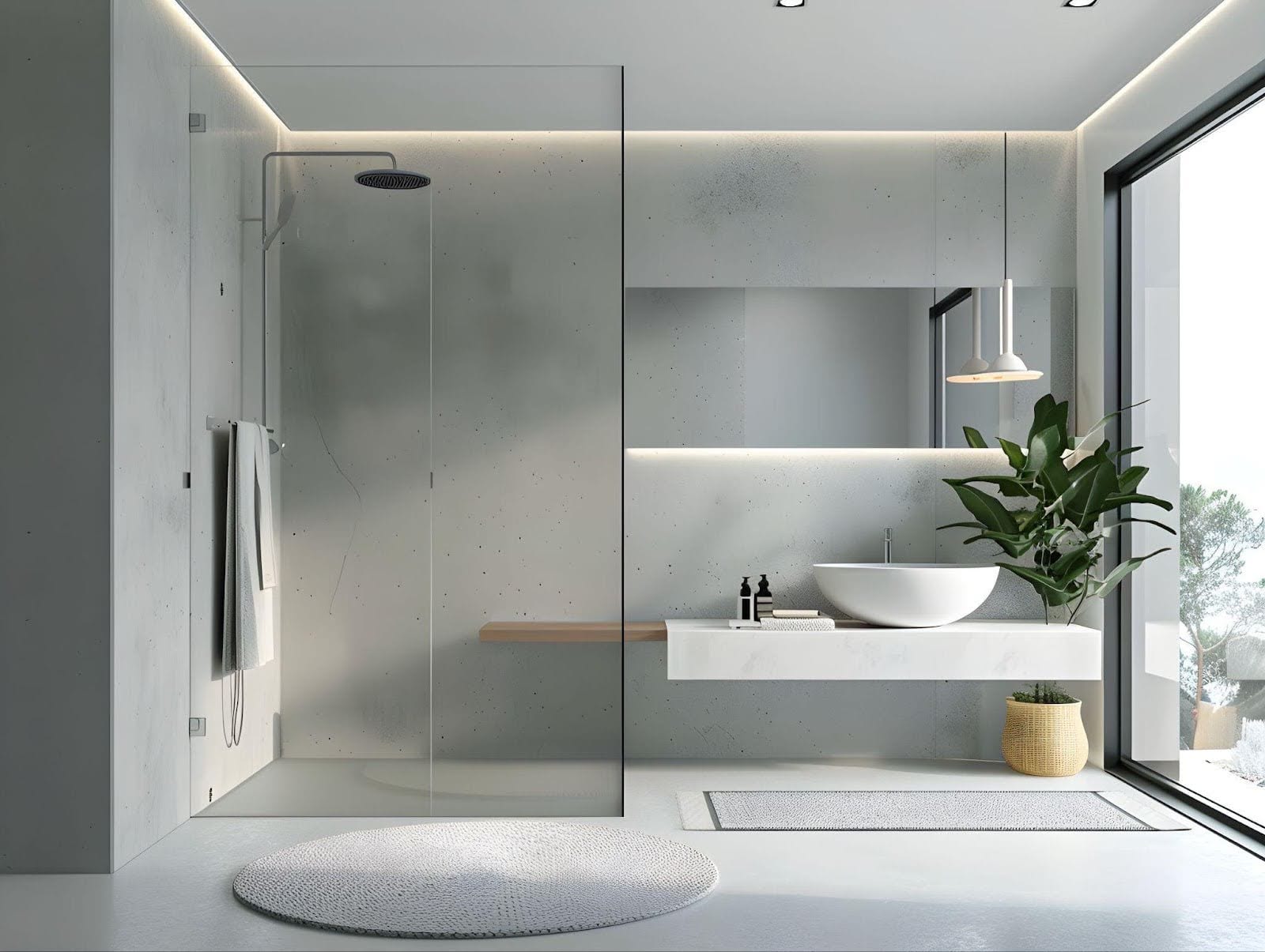 A contemporary bathroom featuring a sleek glass shower and a stylish sink, showcasing modern design elements