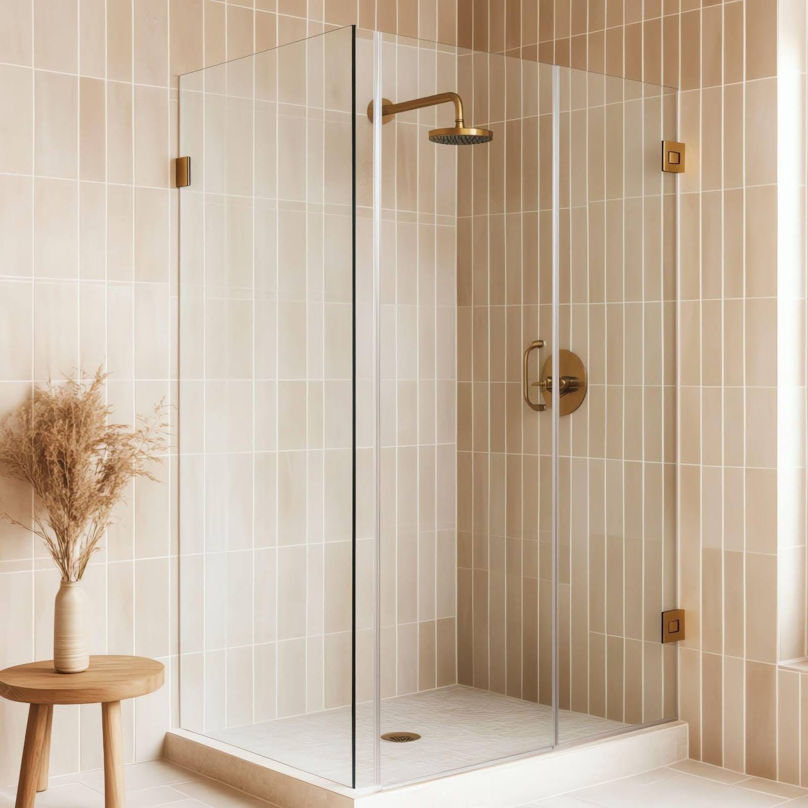 A sleek bathroom with a glass shower door, showcasing modern design and elegant fixtures