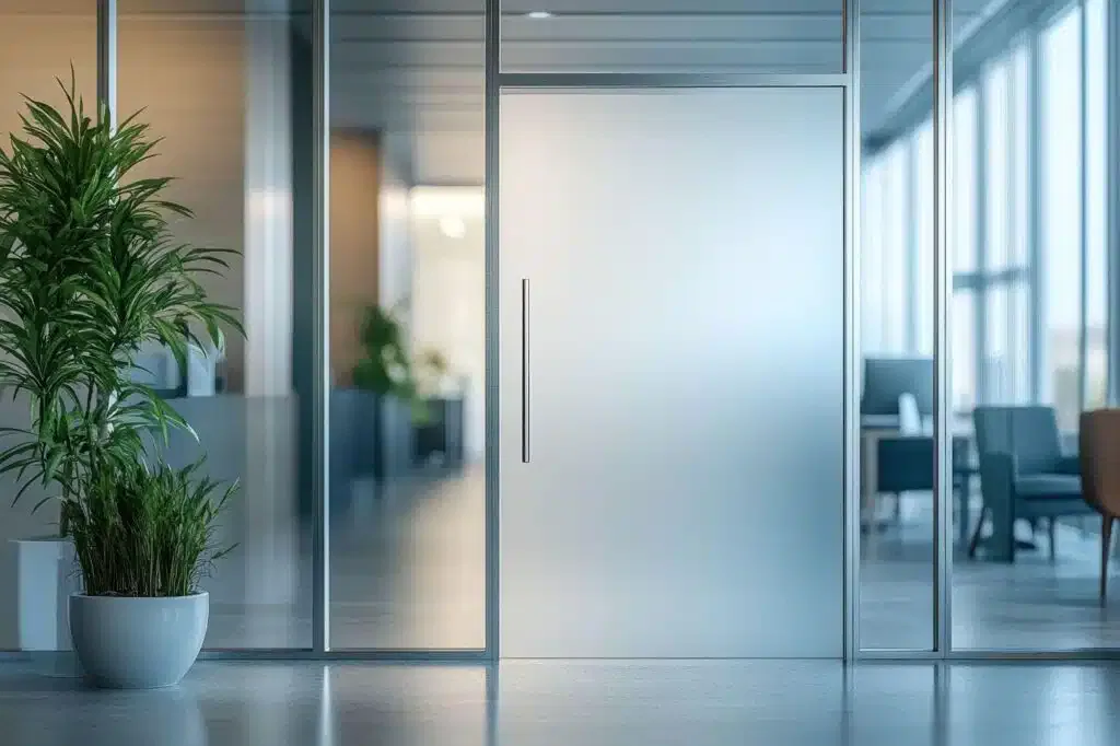 A glass office door surrounded by lush plants, creating a serene workspace