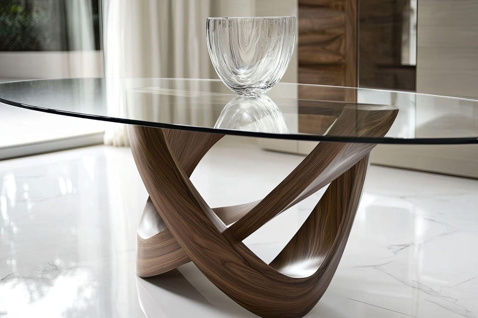 A glass table supported by a wooden base adorned with a vase
