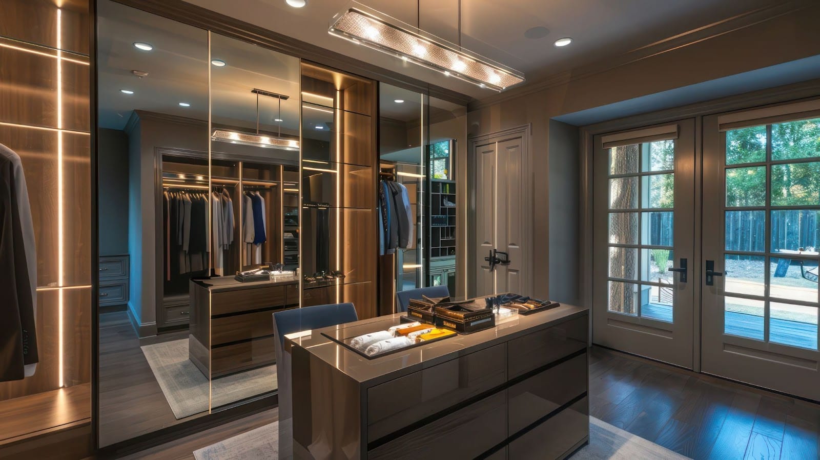 A spacious walk-in closet featuring a stylish dressing table and a custom mirror reflecting the elegant interior design.