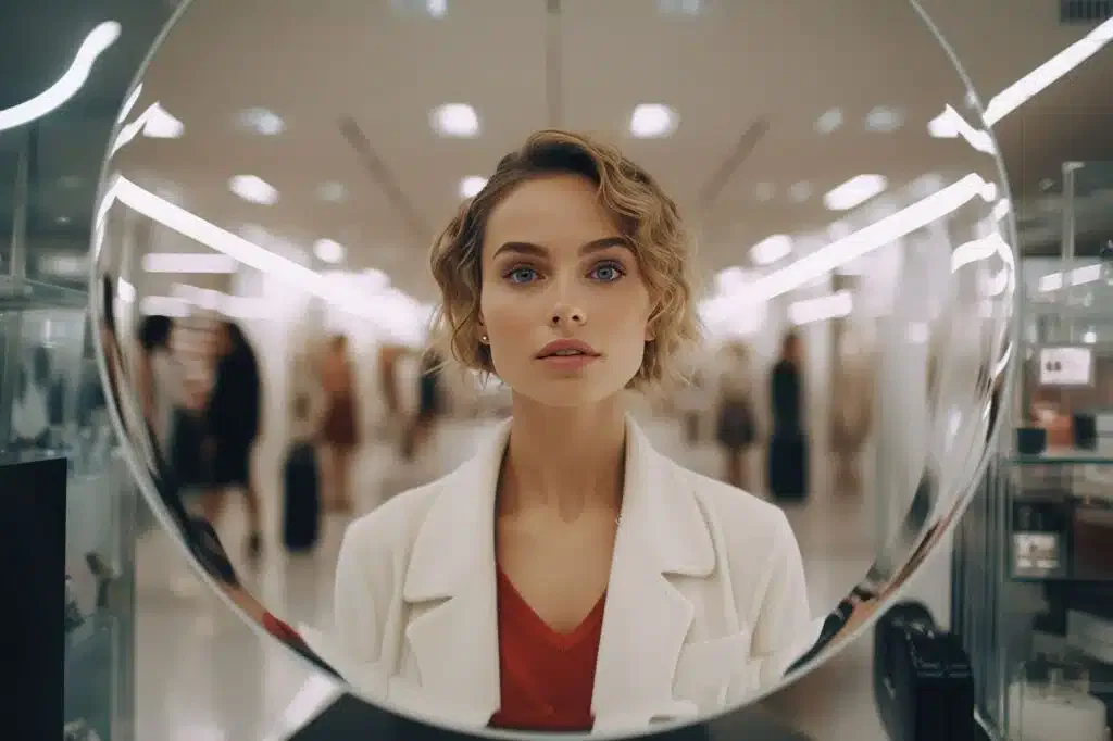 A woman admiring her reflection in a mirror, smiling with satisfaction.