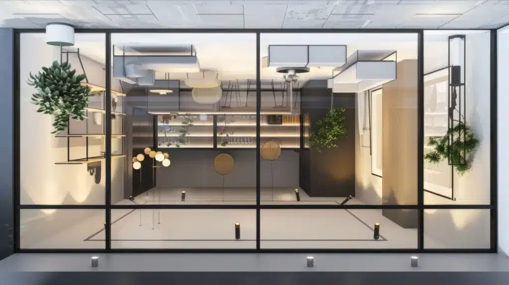 A modern store front with a large glass door, showcasing commercial glass displays and offering commercial glass repair services.
