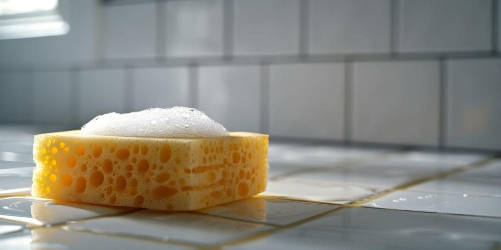 A sponge on tile floor.