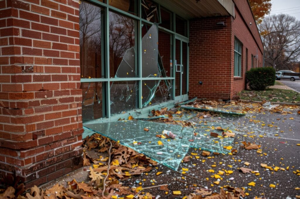 A broken window in need of urgent repair, highlighting the importance of 24-hour emergency glass services for businesses.
