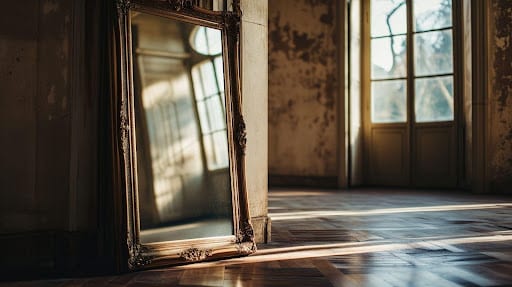 A deserted room featuring a mirror and window, highlighting simplicity and light.