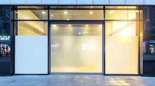 A large glass door illuminated by a bright light, creating a striking visual contrast and inviting atmosphere