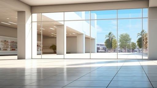 A vacant white building featuring expansive windows, showcasing a minimalist architectural design.