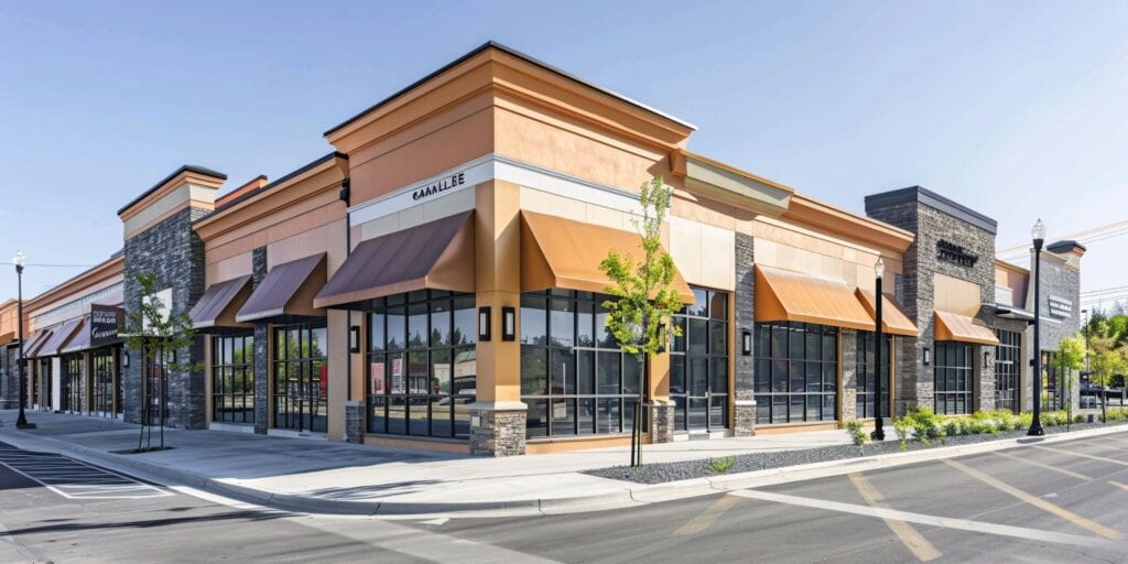 A large commercial building featuring awnings, showcasing storefront glass repair services prominently displayed.