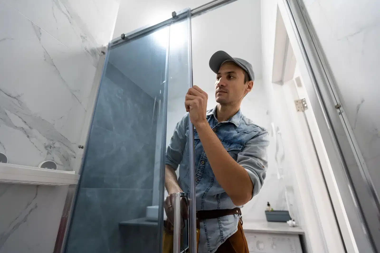 A man in a cap is repairing a glass shower door, demonstrating expertise in shower door repair services.