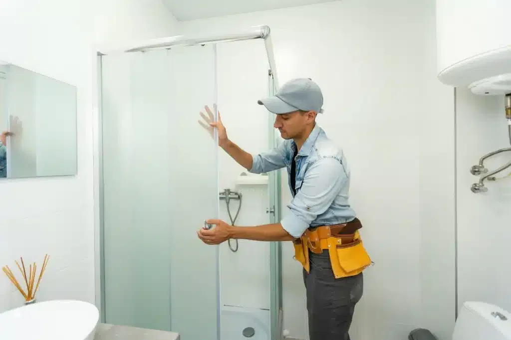 A man in a hard hat and vest stands before a bathroom, ready to assist with shower door repair services.