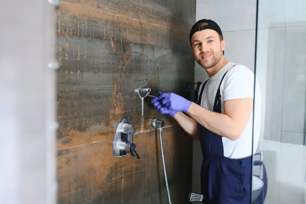 A man in blue overalls and gloves repairs a shower head, demonstrating expertise in shower door and glass repair services.