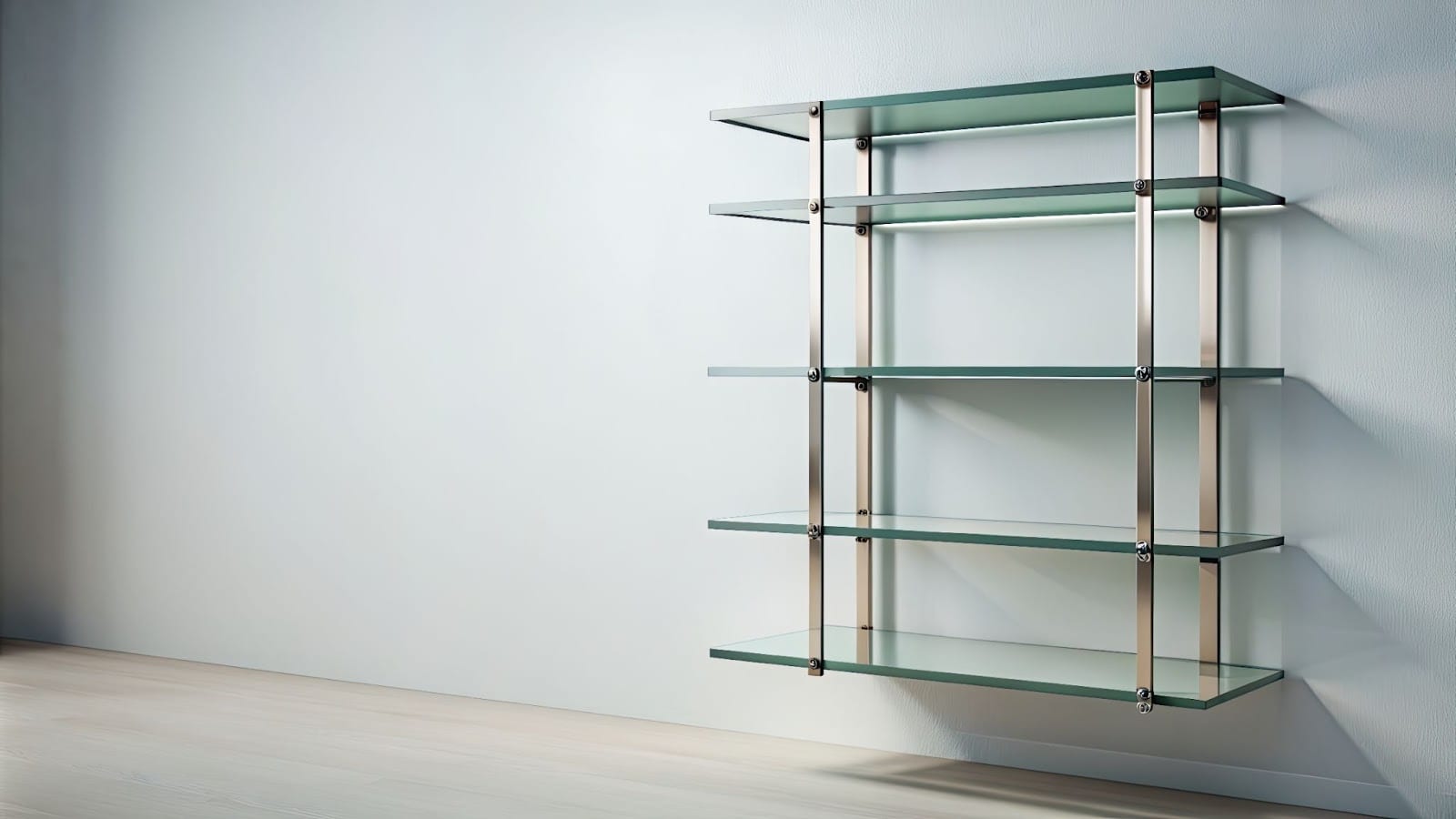 A room featuring a custom glass shelf unit with four neatly arranged glass shelves, showcasing modern design and functionality.