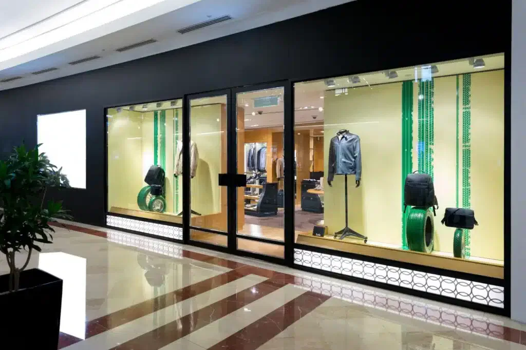 A store featuring a large glass door and a potted plant, showcasing modern glass wall systems.