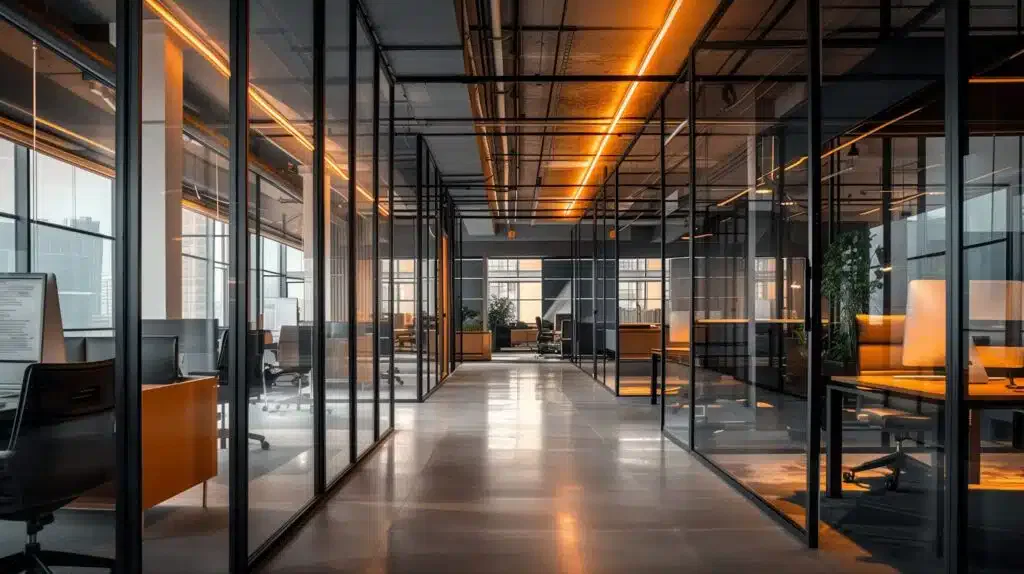 An office featuring glass walls illuminated by warm orange lighting, showcasing modern glass wall systems.