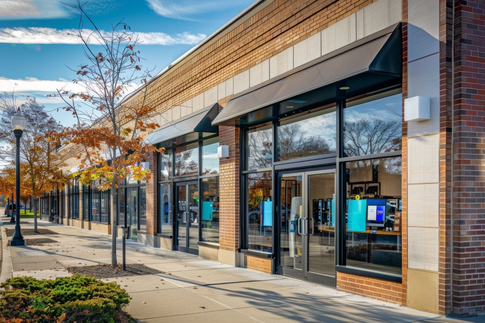 A brick building featuring windows and a sidewalk, representing a site for commercial glass repair and replacement services.