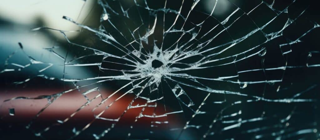 A broken windshield with a car in the background, highlighting the need for 24-hour emergency glass repair services.