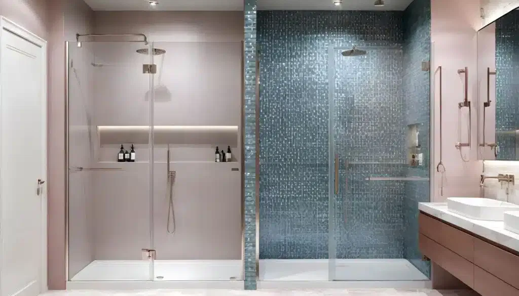 A contemporary bathroom featuring a sleek glass shower door, highlighting modern design and functionality.