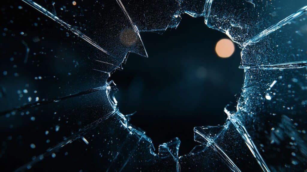 A damaged window with a hole, emphasizing the urgency for emergency glass repair and service available 247.