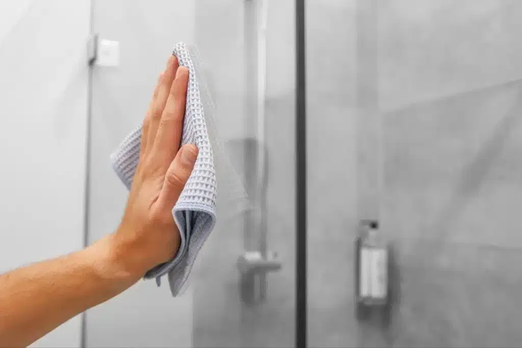 A person diligently cleans a glass shower door with a cloth, ensuring clarity and shine for optimal visibility.