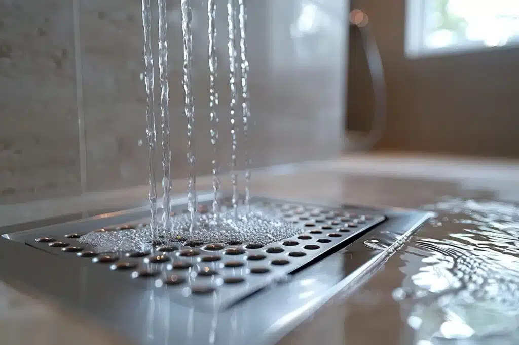 A shower head with water cascading down, illustrating the functionality of glass shower door repair and replacement services.