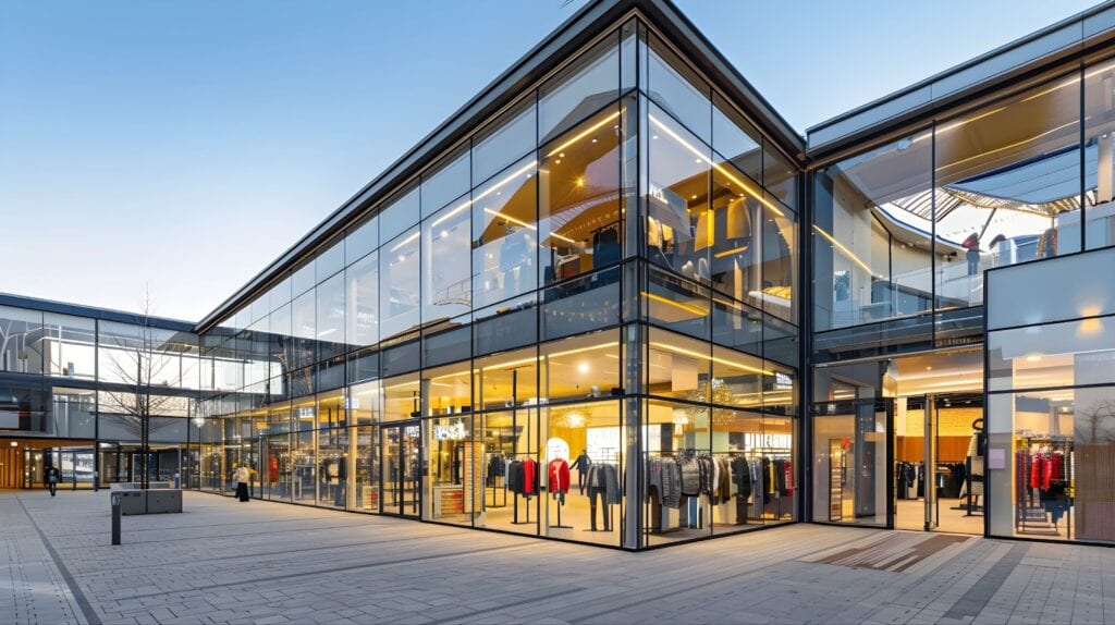 A sleek modern glass building featuring a prominent glass wall, ideal for showcasing commercial glass repair services.