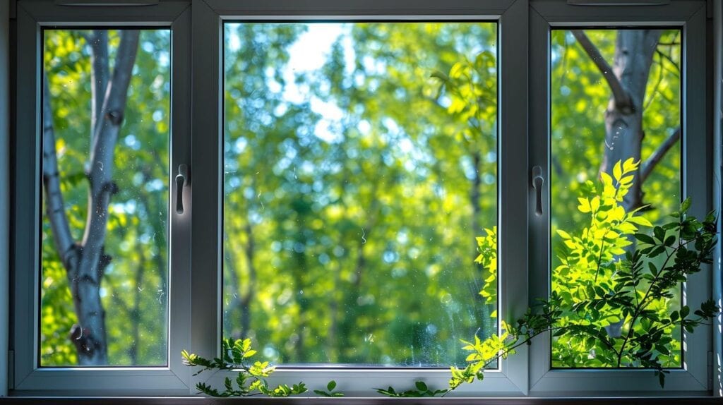 A window framed by lush green leaves, enhancing the view with a touch of nature