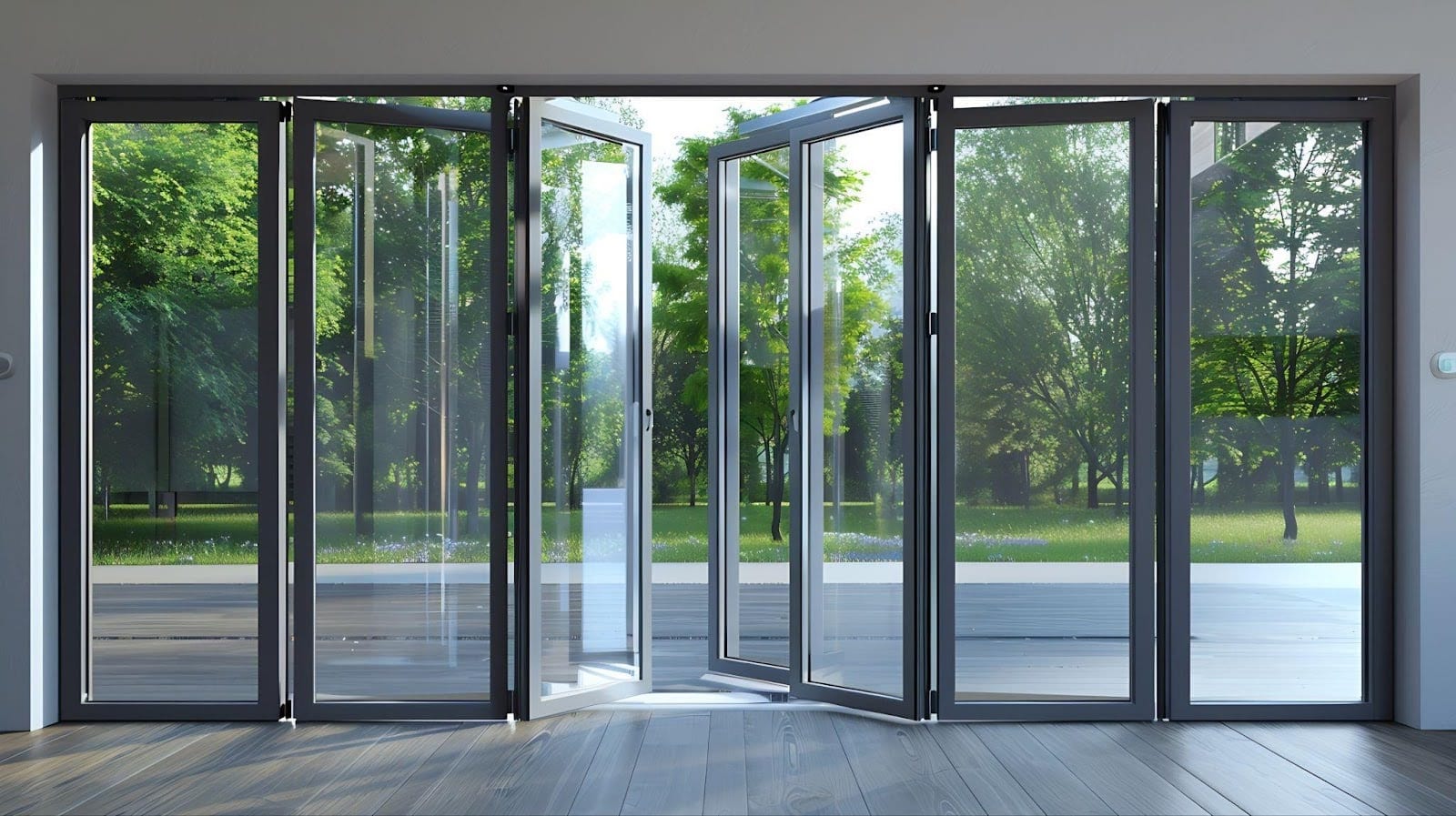 A large glass sliding door invites natural light and offers a scenic view of a lush park