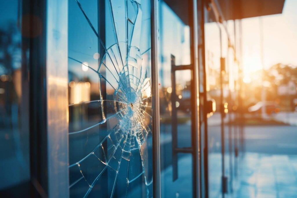Shattered glass at a building entrance reflects light, creating disarray