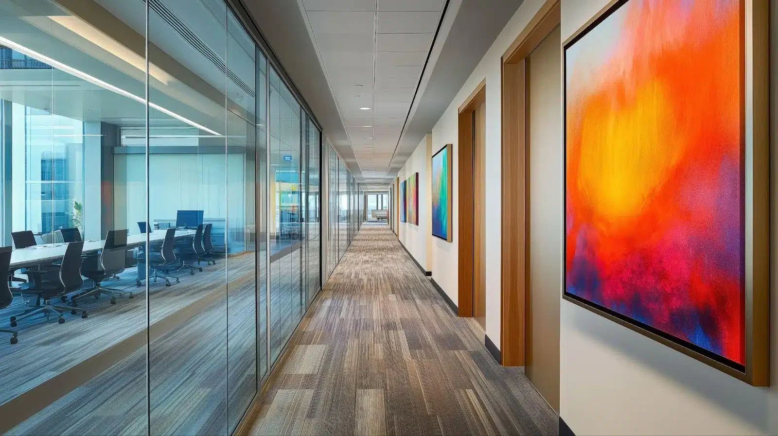 A long hallway with vibrant paintings creates an inviting atmosphere