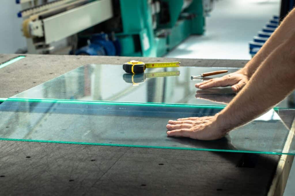 A man diligently repairs a glass table, showcasing expertise in emergency glass services and commercial repairs.