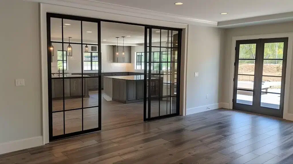 A spacious room with a sliding glass door that enhances natural light