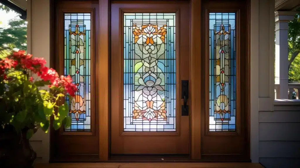 An elegant front door featuring beautiful stained glass and artistic patterns