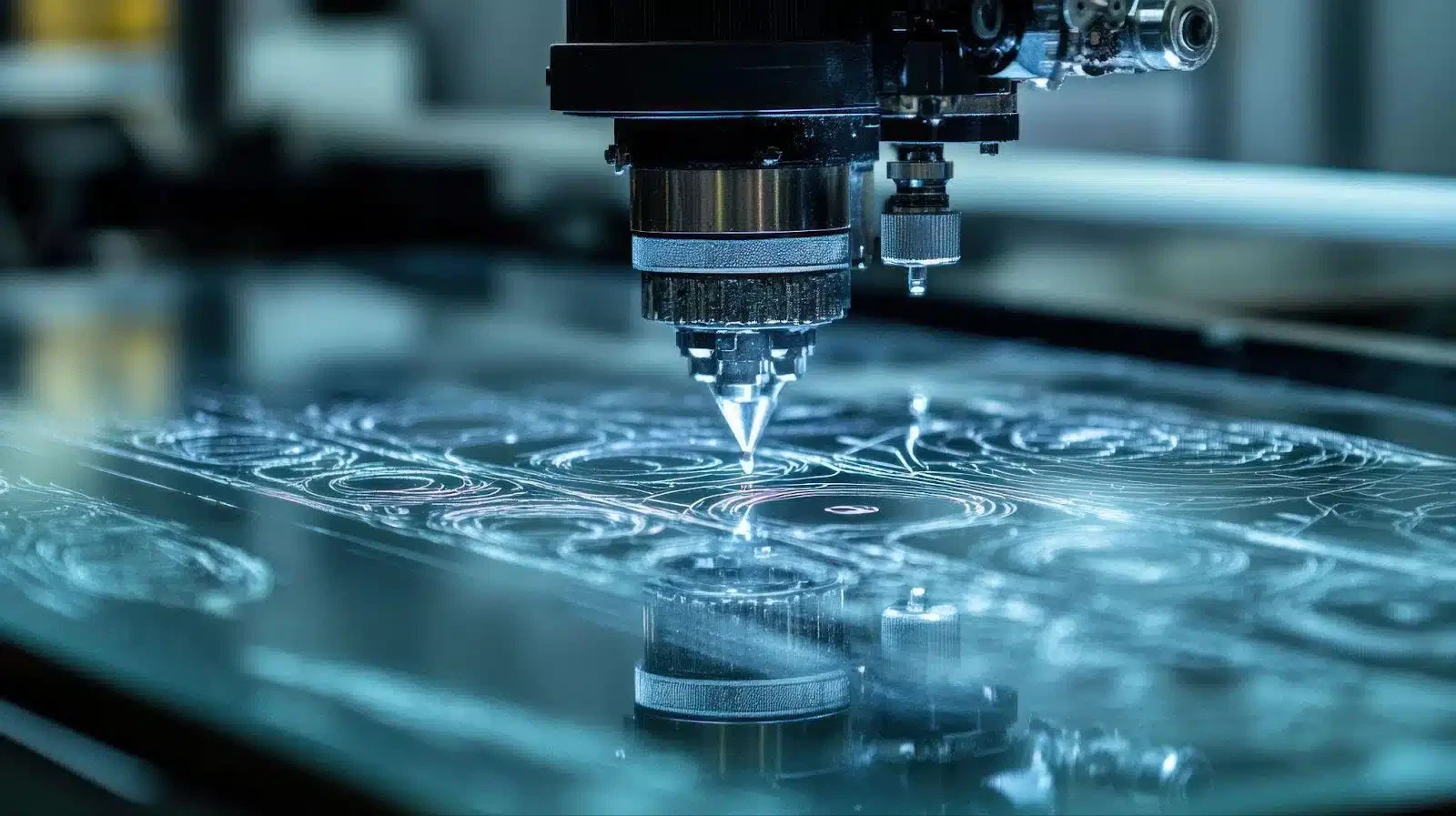 A glass-cutting machine demonstrating the intricate shaping process