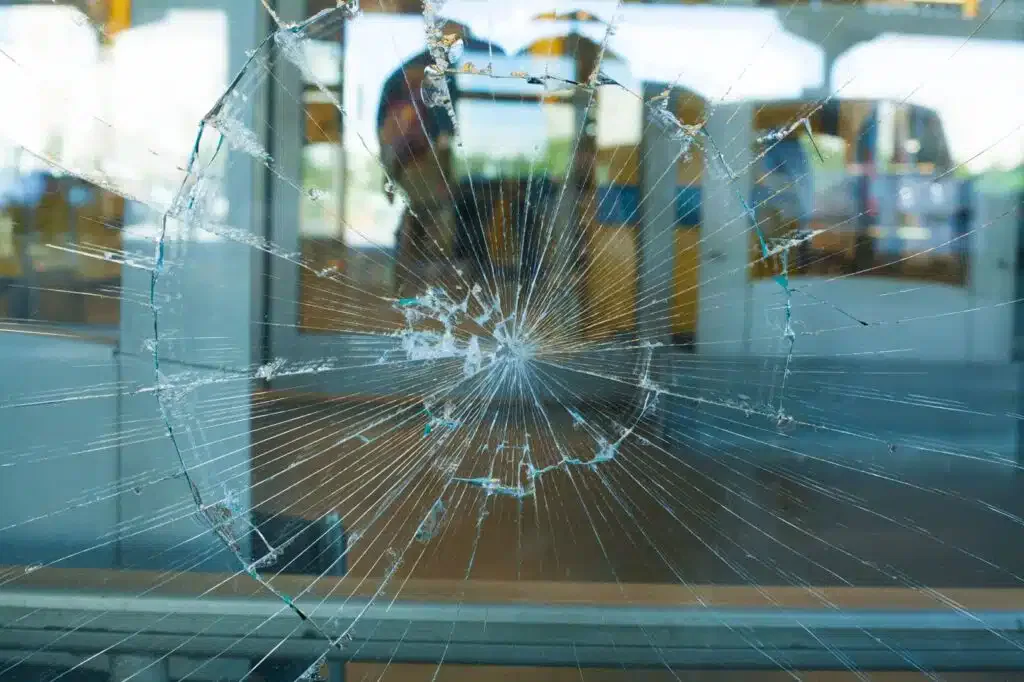 A close-up of a shattered glass window with a central impact point and spiderweb-like cracks radiating outward, reflecting a blurred background of an indoor space with people and objects.