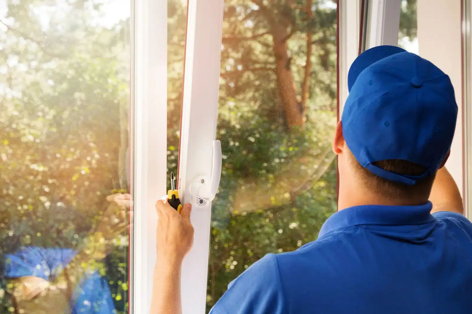 A man in a blue shirt and cap is working on fixing a window, focused on his task.
